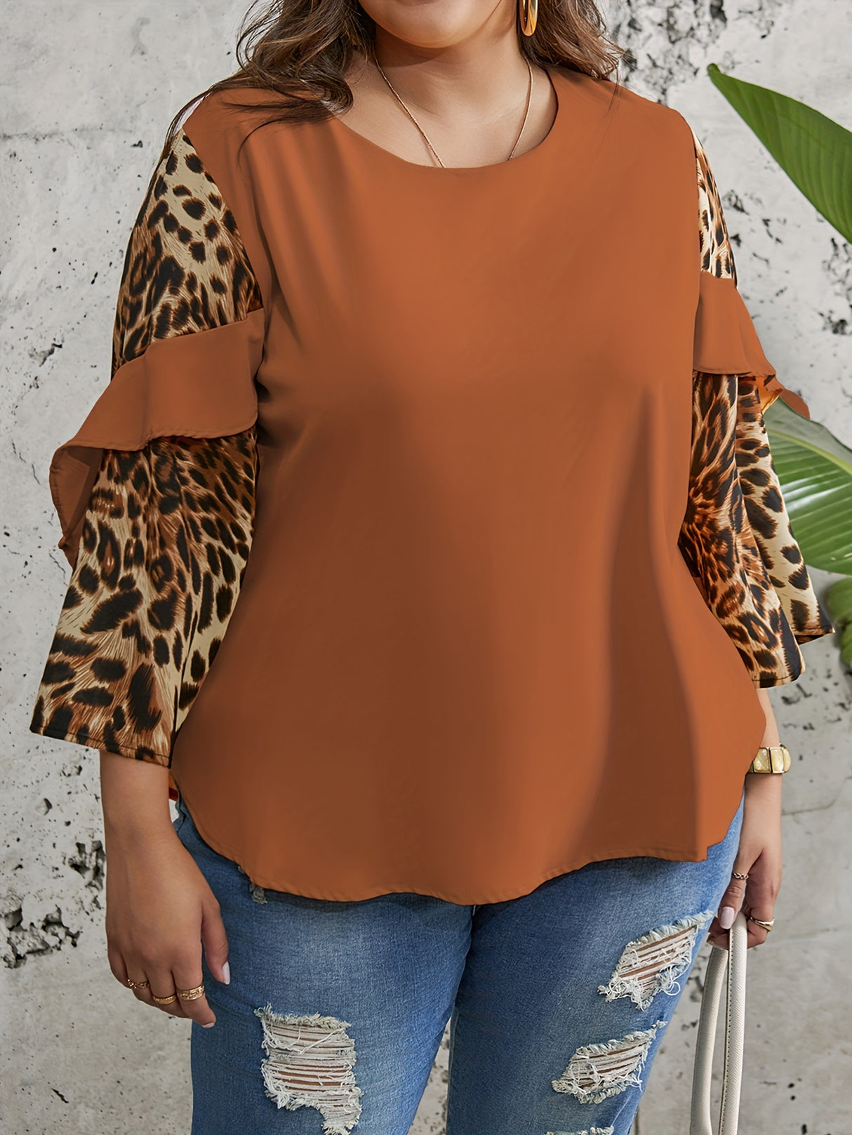 Provain Shop Plus Size Chic Leopard Print Top - Fashionable Colorblock Ruffle Trim - Soft Long Sleeve Round Neck - Slight Stretch for Comfort - Perfect for Elegant Women 