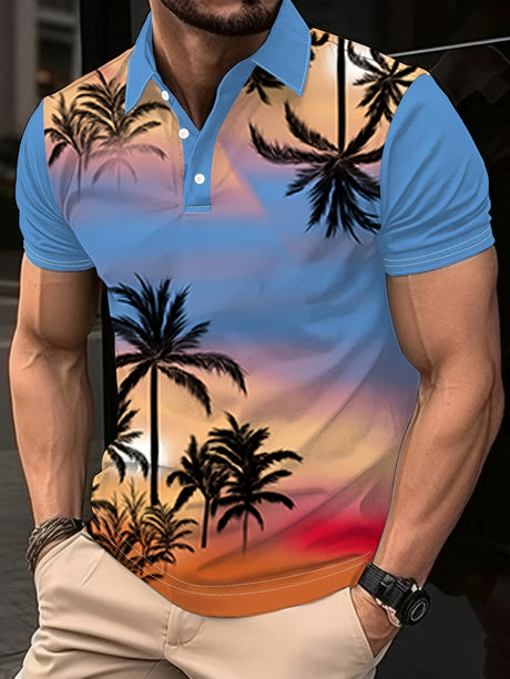 Men's Tropical Escape Shirt - 3D Sunset & Coconut Trees Print, Breathable Short Sleeve with Lapel for Beach Holidays & Summer Adventures Provain Shop
