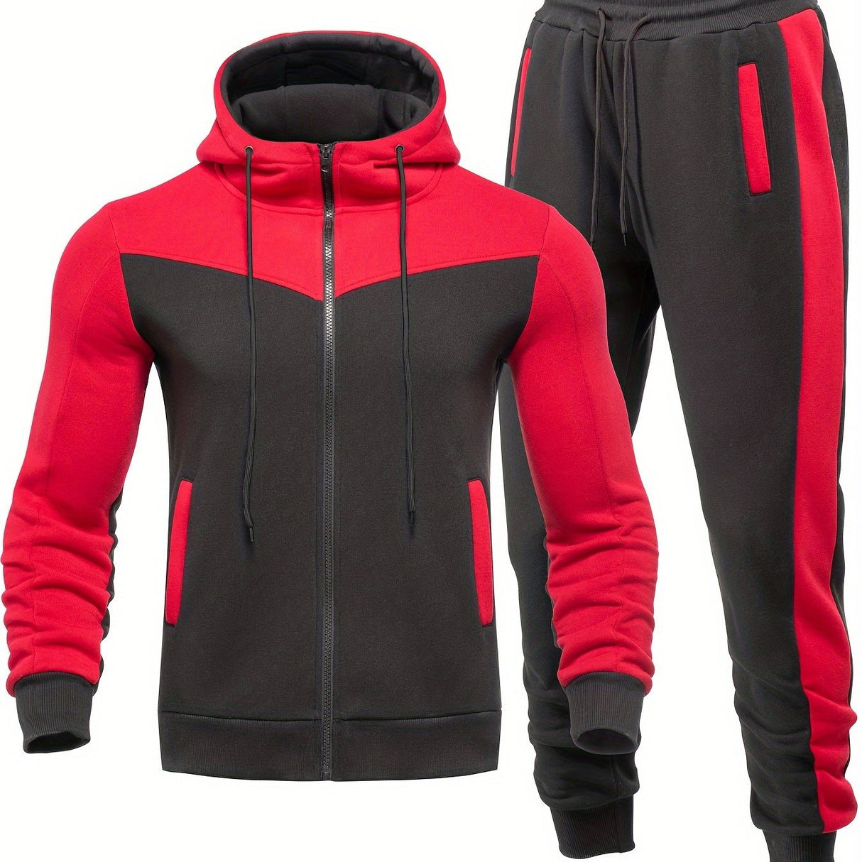 Mens Color Block 2 Piece Outfits, Hooded Zip Breathable Casual Jacket And Casual Drawstring Sweatpants Set For Spring Autumn, Men's Clothing Provain Shop