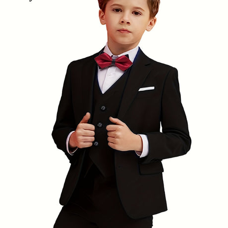 Provain Shop All-Season Chic Boys' 5-Piece Suit Set: Elegant Long Sleeve Outfit with Durable Woven Fabric & Bowtie - Perfect Formal Wear 