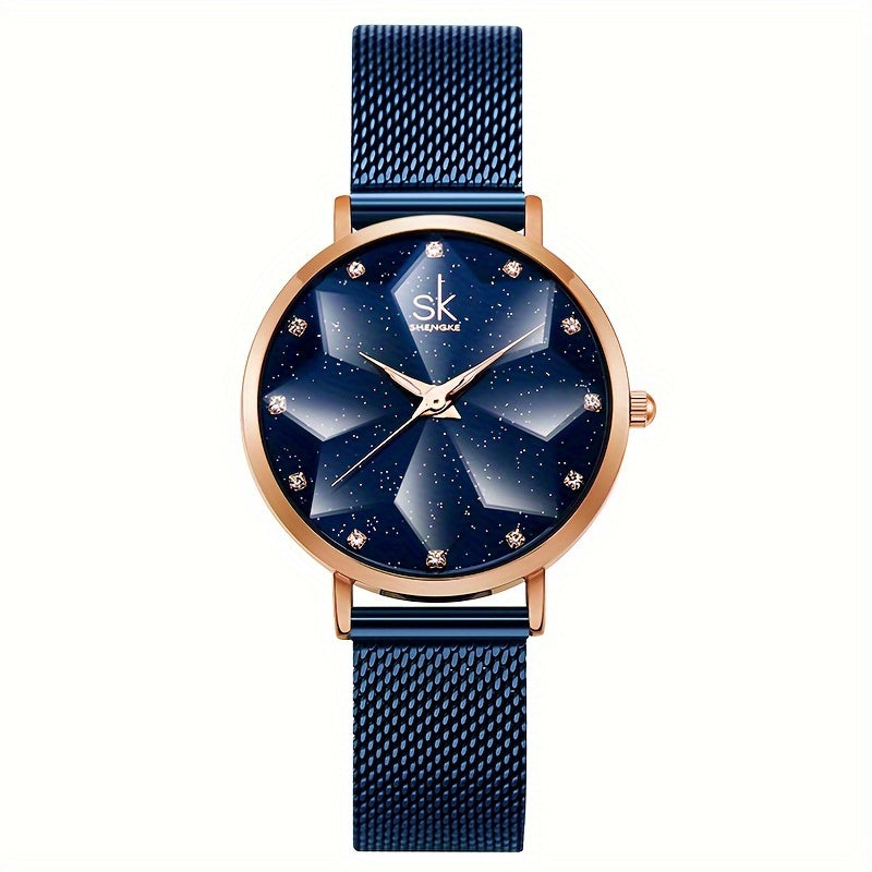 Provain Shop SK Women's Hexagram Dial Cutting Design Quartz Watch Elegant Floral Fashion Analog Stainless Steel Mesh Band Wrist Watch 