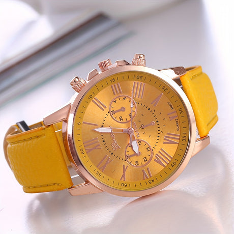 Provain Shop Solid Color Roman Numeral Watch Elegant Round Quartz Wrist Watch Women PU Leather Casual Watches 