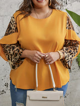 Provain Shop Plus Size Chic Leopard Print Top - Fashionable Colorblock Ruffle Trim - Soft Long Sleeve Round Neck - Slight Stretch for Comfort - Perfect for Elegant Women 