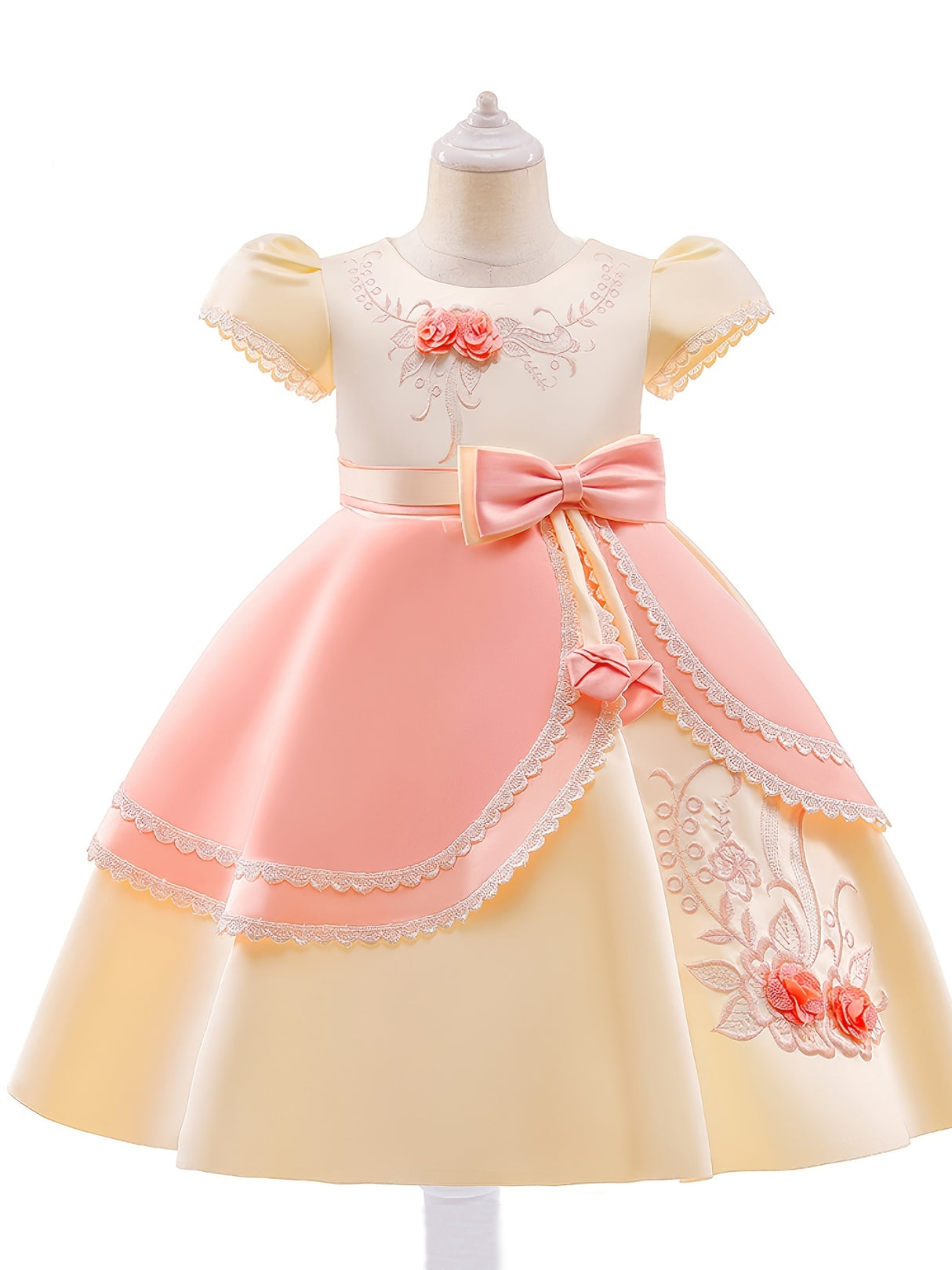 Provain Shop Elegant Girls Princess Dress with Embroidered Flowers & Lace - Perfect for Weddings, Birthdays & Special Occasions 