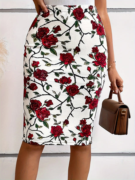 Floral Print High Waist Bodycon Skirt, Elegant Knee Length Pencil Skirt, Women's Clothing provain