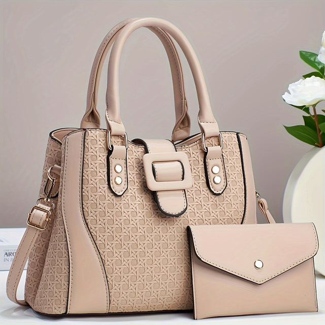 Provain Shop 2pcs Woven Pattern Purse Set, Women Luxury Handbag, Fashion Crossbody Tote Bag With Clutch Bag 