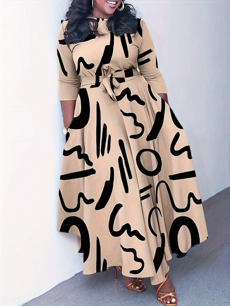 Geo Print Belted Maxi Dress - Comfortable Crew Neck, Elegant Half Sleeves - Perfect for Casual to Formal Occasions provain