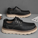 Provain Shop Men's Retro Style Split Leather Low Top Casual Shoes, Wear-resistant Non Slip Lace-up Shoes For Outdoor 