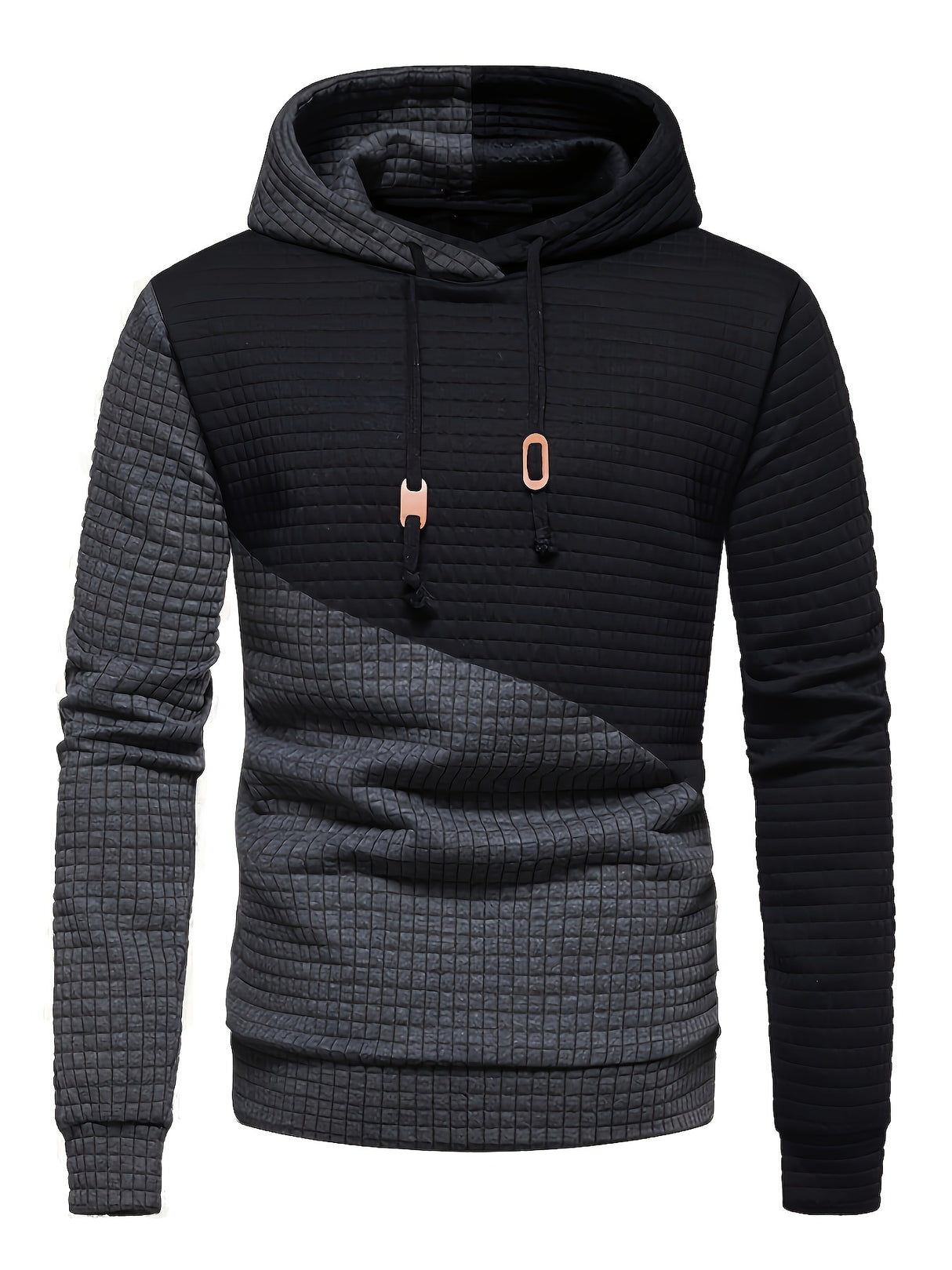 Provain Shop Cool Waffle Hoodies For Men, Men's Casual Color Block Design Hooded Sweatshirt With Kangaroo Pocket Streetwear For Winter Fall, As Gifts 