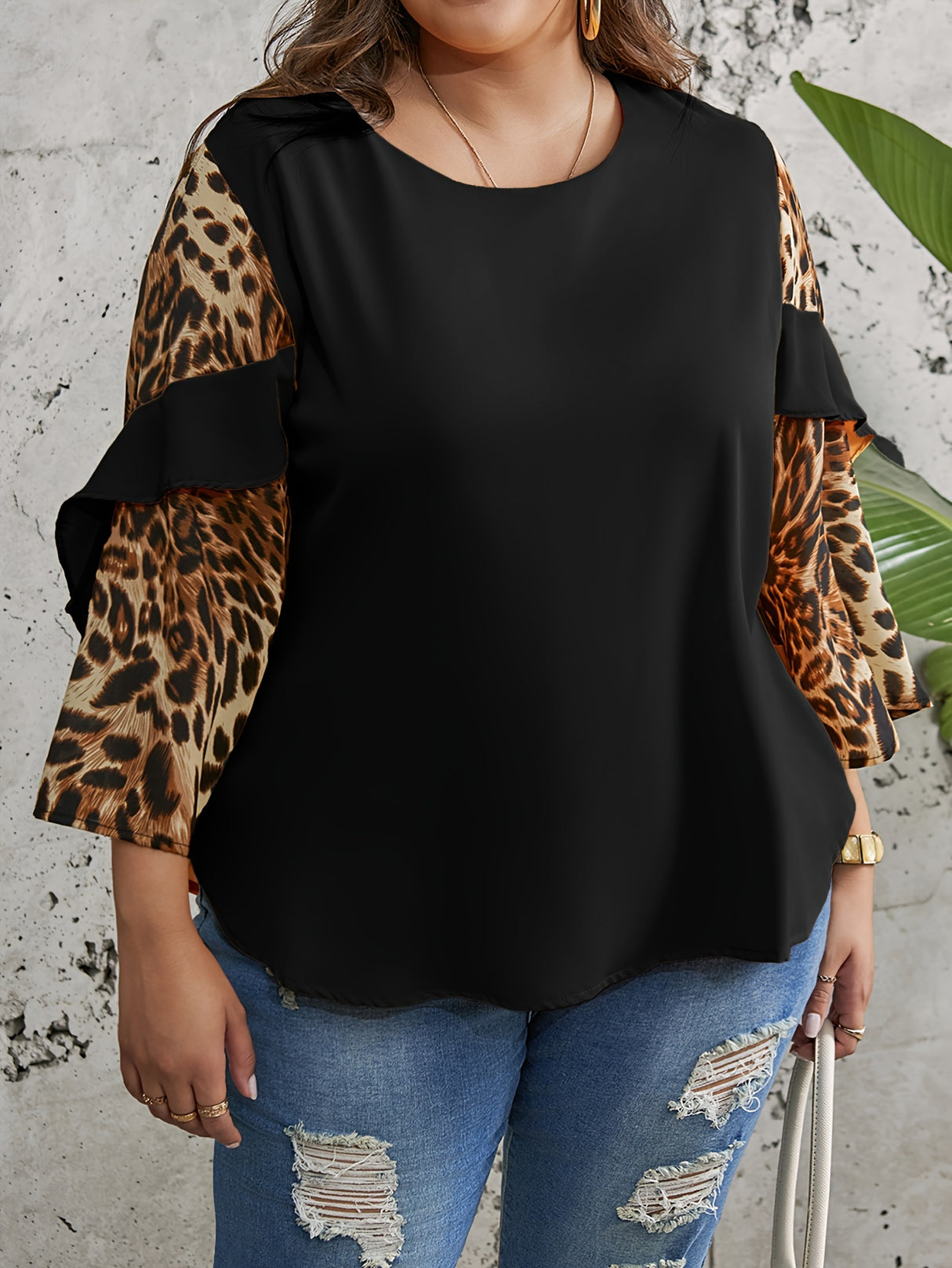 Provain Shop Plus Size Chic Leopard Print Top - Fashionable Colorblock Ruffle Trim - Soft Long Sleeve Round Neck - Slight Stretch for Comfort - Perfect for Elegant Women 