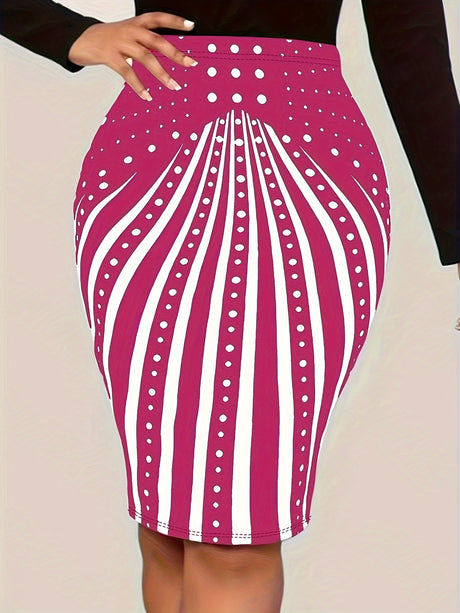 Plus Size Polka Dot & Stripe Print Skirt, Casual High Waist Skirt For Spring & Summer, Women's Plus Size Clothing provain
