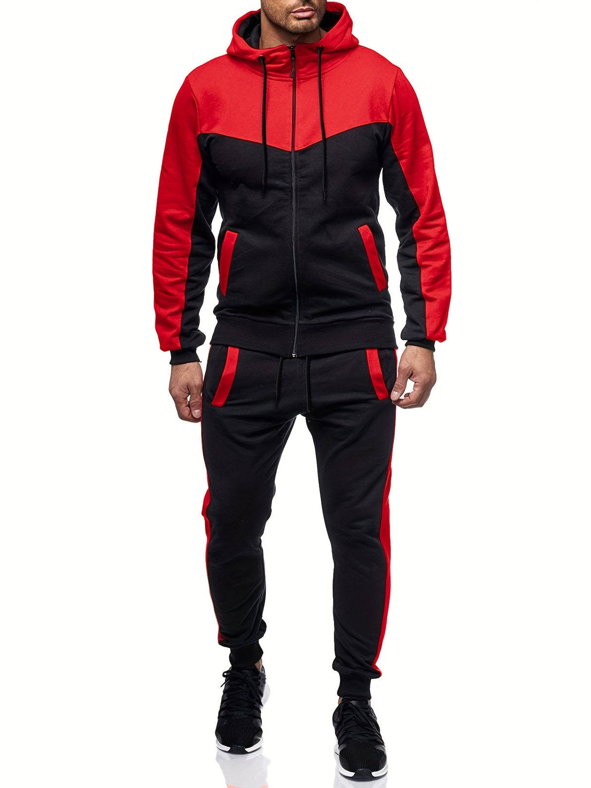 Mens Color Block 2 Piece Outfits, Hooded Zip Breathable Casual Jacket And Casual Drawstring Sweatpants Set For Spring Autumn, Men's Clothing Provain Shop