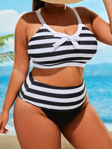 Provain Shop Plus Size Vacay Bikini Set, Women's Plus Stripe Print Bow Knot Decor V Neck Bra & Panty Swimsuit Two Piece Set 