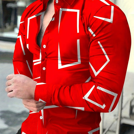Plus Size Men's Geometric Pattern Print Shirt Slim Fit Long Sleeve Shirt For Autumn/winter, Men's Clothing Provain Shop