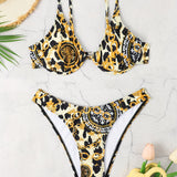 2 Piece Geometric Print Off the Shoulder Bikini Set - Stretchy High Cut V Neck Back Buckle Swimsuit with Cross Strap Detail - High Stretch Polyester Knit Fabric, Hand Wash Only, Customized Random Stripe Pattern Provain Shop