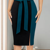 Provain Shop Elegant Fall/Winter Bodycon Skirt - Color Block, Stretch Fit, Easy Care, Chic Style 