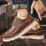 Provain Shop Men's Retro Style Split Leather Low Top Casual Shoes, Wear-resistant Non Slip Lace-up Shoes For Outdoor 