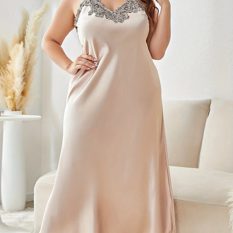 Provain Shop Plus Size Satin Cami Nightdress - Sensual Contrast Guipure Lace, V-Neck Design, Silky Feel - Perfect for Valentine's Day & Romantic Evenings 