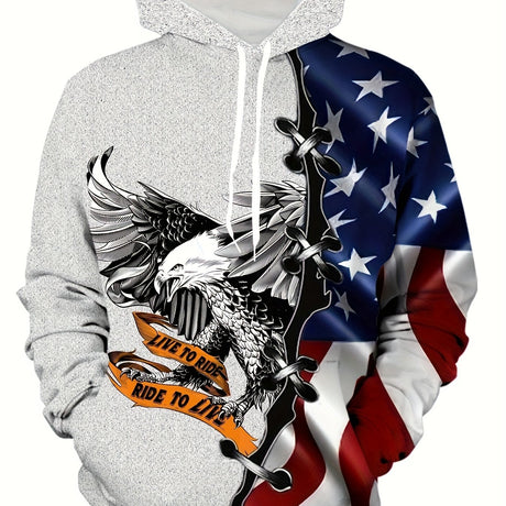 Provain Shop Eagle & Flag Pattern Print Hoodie, Cool Hoodies For Men, Men's Casual Graphic Design Pullover Hooded Sweatshirt With Kangaroo Pocket Streetwear For Winter Fall, As Gifts 