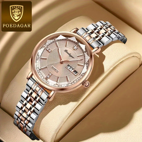 Provain Shop POEDAGAR Women's Luxury Rhinestone Quartz Watch Cutting Dial Luminous Fashion Analog Stainless Steel Wrist Watch 