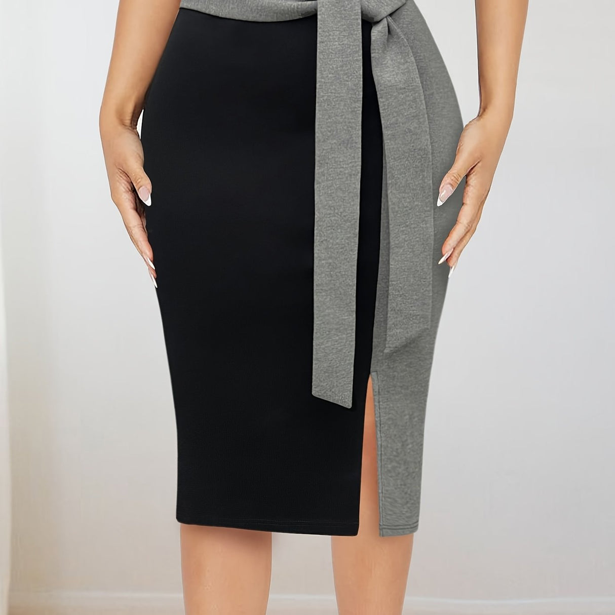 Provain Shop Elegant Fall/Winter Bodycon Skirt - Color Block, Stretch Fit, Easy Care, Chic Style 