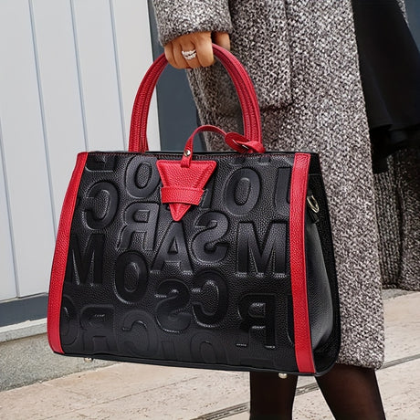Luxury Genuine Leather Tote Bag, Women's Letter Embossed Handbag, Large Capacity Satchel Purse provain