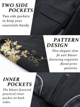 Mens Slim Fit Floral Pattern Single Breasted Suit Jacket - Stylish V-Neck Design, Slight Stretch Fabric, Hot Stamping Details, Long Sleeve, Regular Length, Polyester Lining - Perfect for Party, Dance, Dinner, Wedding, Business Banquet, and Gift for Men Provain Shop