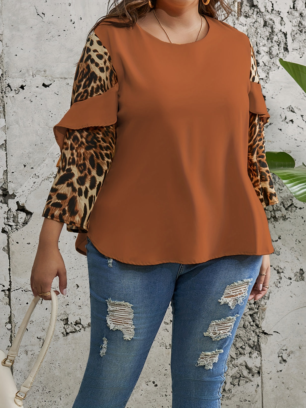 Provain Shop Plus Size Chic Leopard Print Top - Fashionable Colorblock Ruffle Trim - Soft Long Sleeve Round Neck - Slight Stretch for Comfort - Perfect for Elegant Women 