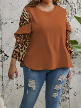 Provain Shop Plus Size Chic Leopard Print Top - Fashionable Colorblock Ruffle Trim - Soft Long Sleeve Round Neck - Slight Stretch for Comfort - Perfect for Elegant Women 