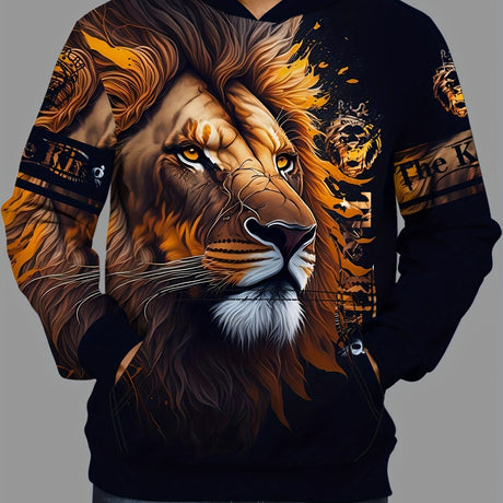 Men's Casual Lion 3D Print Hoodie: Trendy All-Season Comfort with Kangaroo Pocket, Durable Stretch Fabric Provain Shop