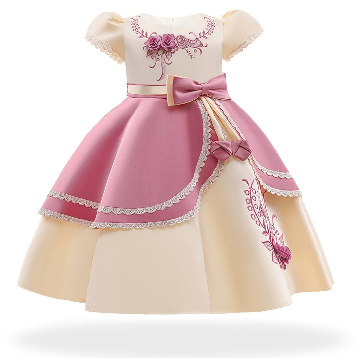 Provain Shop Elegant Girls Princess Dress with Embroidered Flowers & Lace - Perfect for Weddings, Birthdays & Special Occasions 