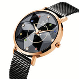 Provain Shop SK Women's Hexagram Dial Cutting Design Quartz Watch Elegant Floral Fashion Analog Stainless Steel Mesh Band Wrist Watch 