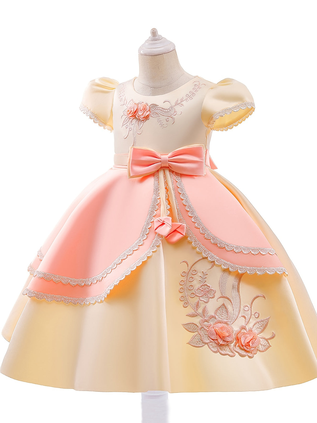 Provain Shop Elegant Girls Princess Dress with Embroidered Flowers & Lace - Perfect for Weddings, Birthdays & Special Occasions 