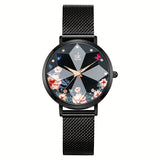 Provain Shop SK Women's Hexagram Dial Cutting Design Quartz Watch Elegant Floral Fashion Analog Stainless Steel Mesh Band Wrist Watch 