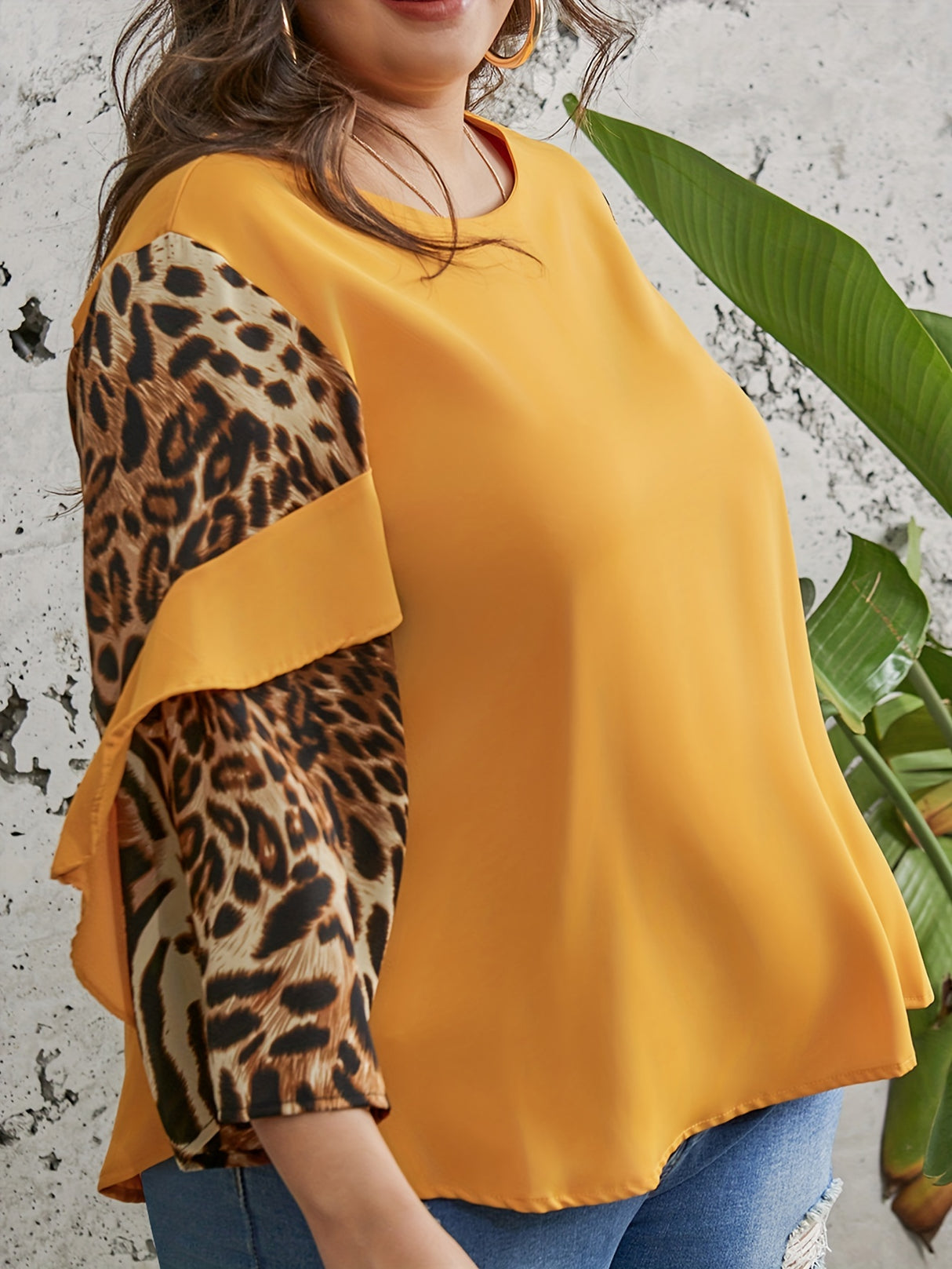 Provain Shop Plus Size Chic Leopard Print Top - Fashionable Colorblock Ruffle Trim - Soft Long Sleeve Round Neck - Slight Stretch for Comfort - Perfect for Elegant Women 