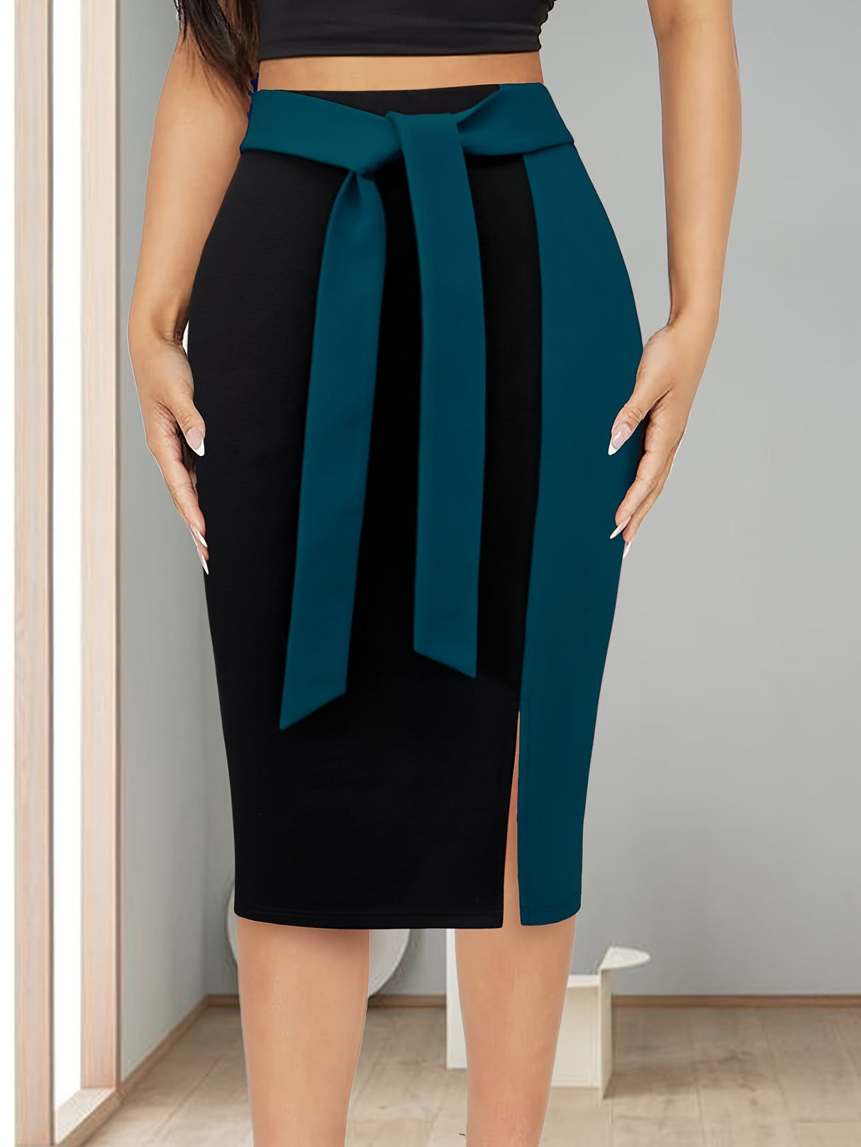 Provain Shop Elegant Fall/Winter Bodycon Skirt - Color Block, Stretch Fit, Easy Care, Chic Style 