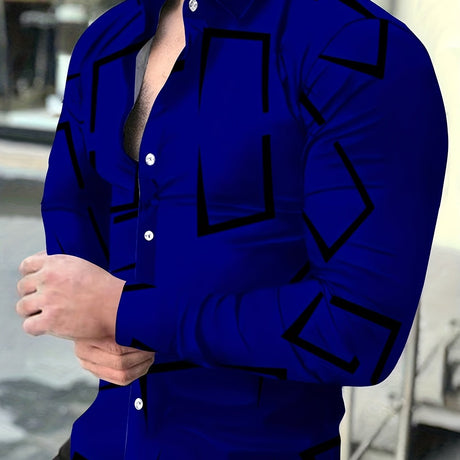 Plus Size Men's Geometric Pattern Print Shirt Slim Fit Long Sleeve Shirt For Autumn/winter, Men's Clothing Provain Shop