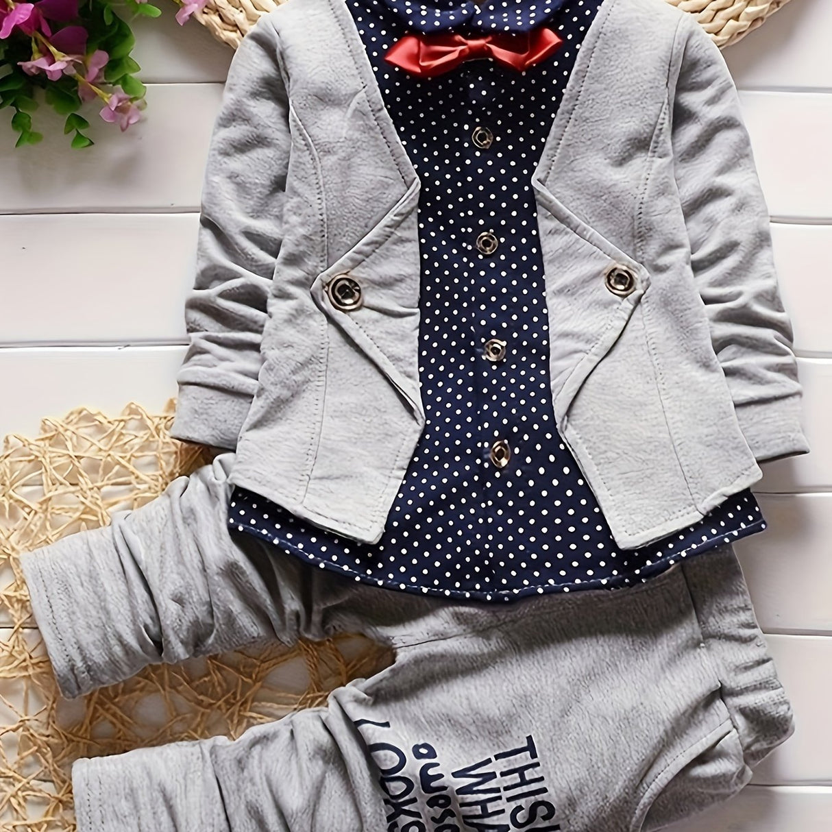 Spring and Autumn Boys' Necktie Dot Print Fake Two Piece Long sleeved Shirts for Children's Leisure Two Piece Set Provain Shop