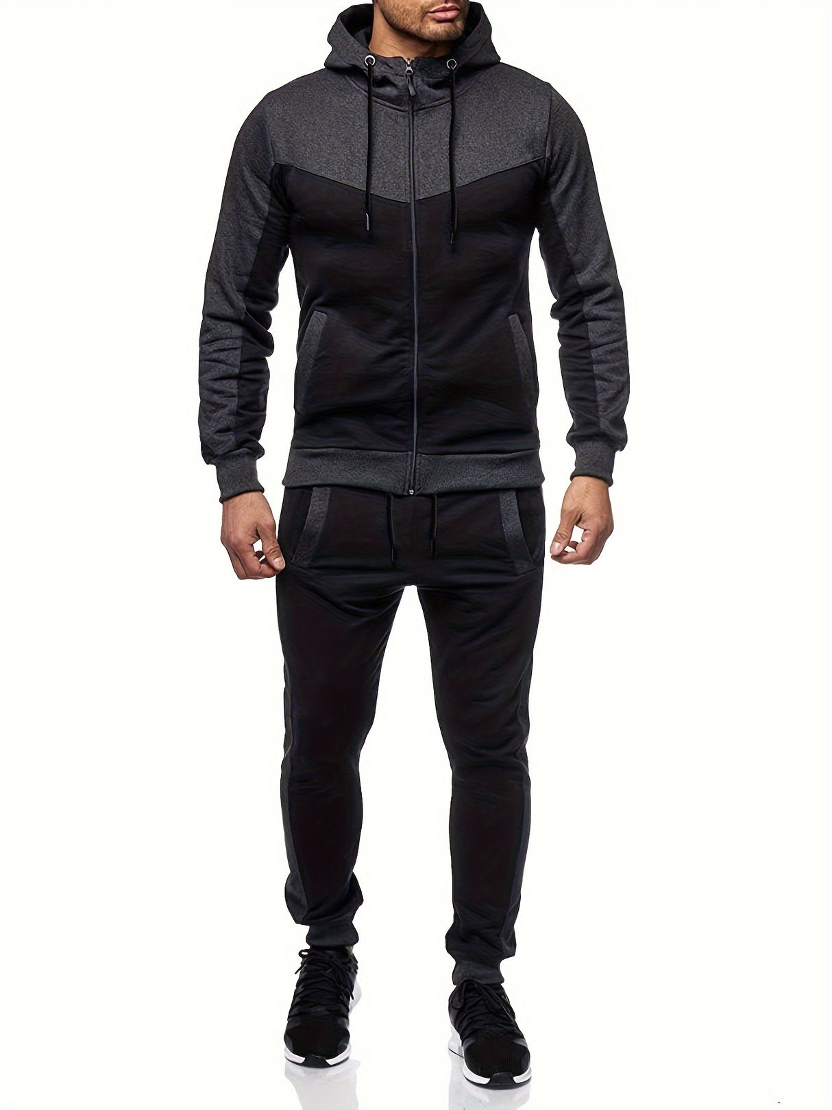 Mens Color Block 2 Piece Outfits, Hooded Zip Breathable Casual Jacket And Casual Drawstring Sweatpants Set For Spring Autumn, Men's Clothing Provain Shop