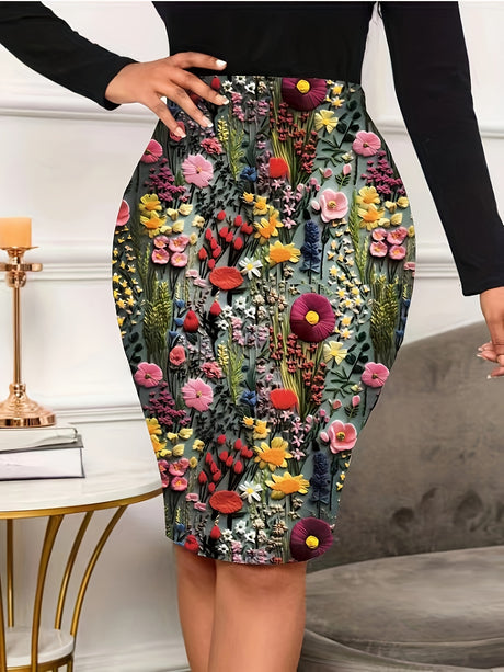 Floral Print Knee Length Pencil Skirt, Elegant High Waist Skirt For Spring & Summer, Women's Clothing provain