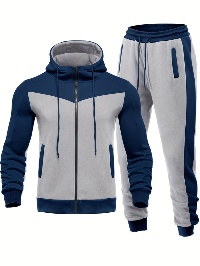 Provain Shop Mens Color Block 2 Piece Outfits, Hooded Zip Breathable Casual Jacket And Casual Drawstring Sweatpants Set For Spring Autumn, Men's Clothing 