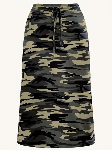Plus Size Camo Print Drawstring Skirt, Elegant Midi Skirt For Spring & Summer, Women's Plus Size Clothing Provain Shop
