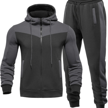 Mens Color Block 2 Piece Outfits, Hooded Zip Breathable Casual Jacket And Casual Drawstring Sweatpants Set For Spring Autumn, Men's Clothing Provain Shop