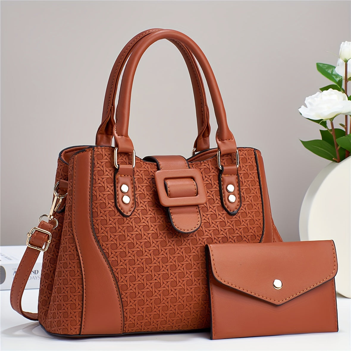 Provain Shop 2pcs Woven Pattern Purse Set, Women Luxury Handbag, Fashion Crossbody Tote Bag With Clutch Bag 