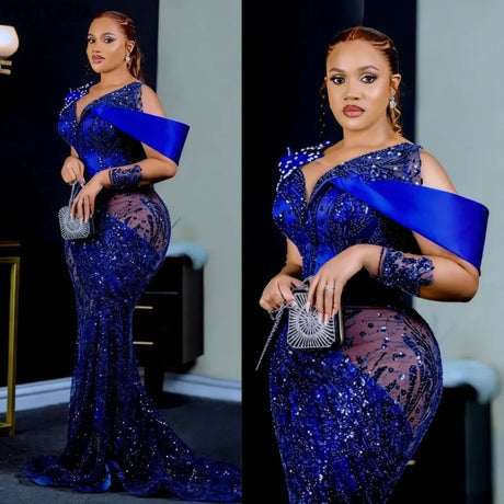 Royal Blue Sequin Mermaid Prom Dress with Satin Drape Provain Shop