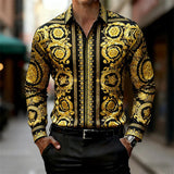 Luxury Baroque Gold Pattern Slim Fit Mens Long Sleeve Shirt Provain Shop