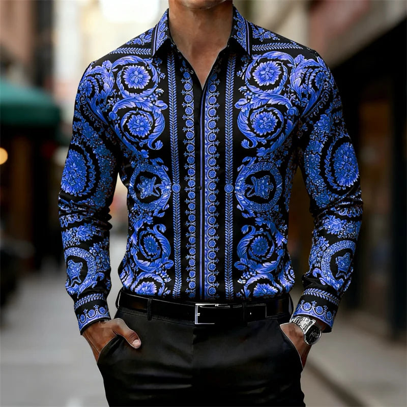 Luxury Baroque Gold Pattern Slim Fit Mens Long Sleeve Shirt Provain Shop