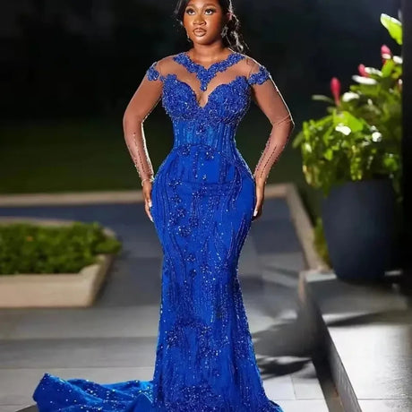 Royal Blue Beaded Illusion Mermaid Prom Wedding Gown Provain Shop