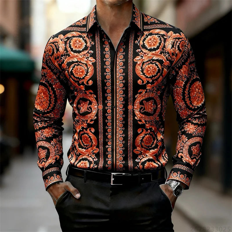 Luxury Baroque Gold Pattern Slim Fit Mens Long Sleeve Shirt Provain Shop