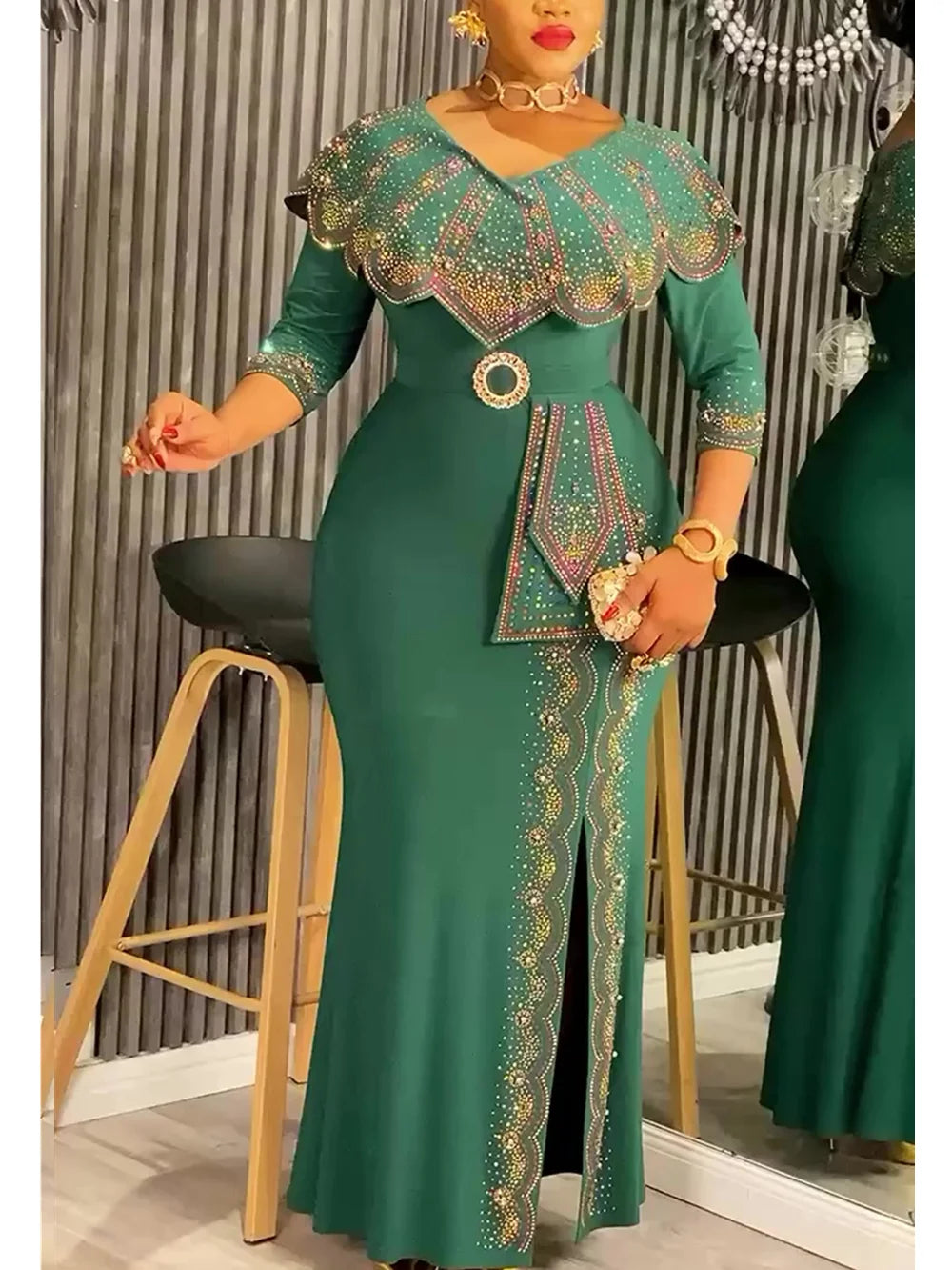 Elegant Plus Size Dashiki Diamond Bodycon Slit Party Dress Provain Shop